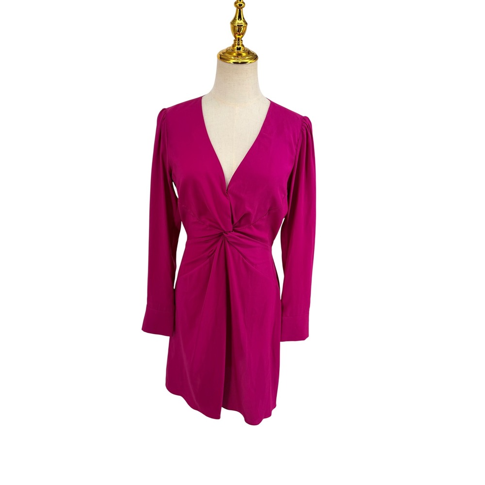 Minimalist Mini Dress  XS Dark Azalea Pink Twist Front V-Neck Long Sleeve Chic